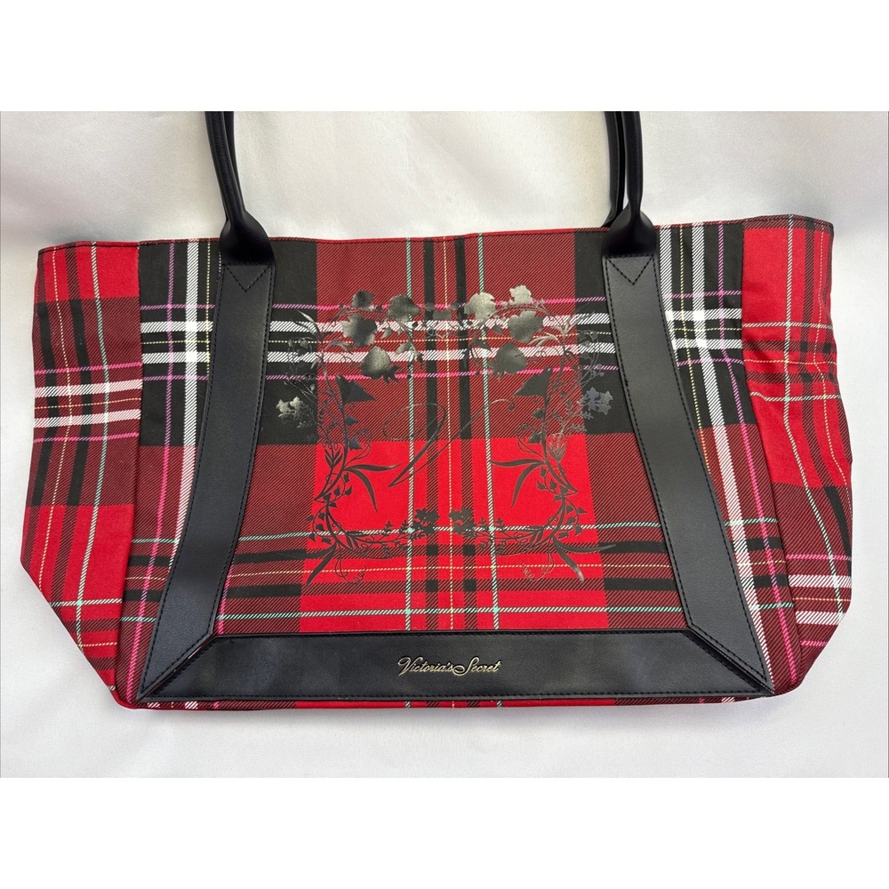 Victoria's Secret Red Plaid Tote Bag with Black Trim